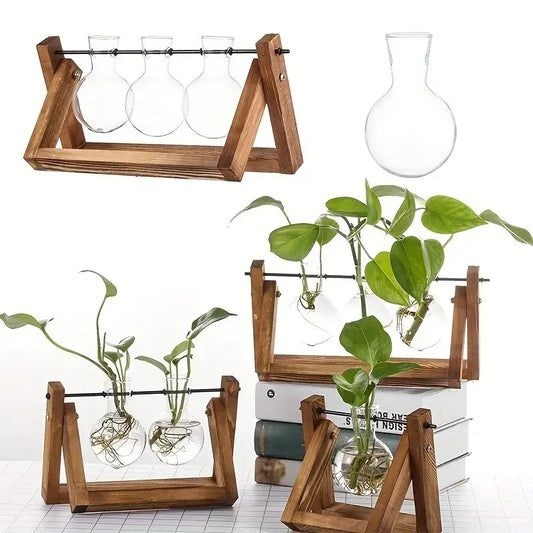 Glass Planter Propagation Station with Wooden Rack