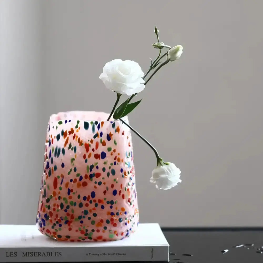 Colorful speckled glass vase hydroponic planter in pink with multicolor dots on Tampa Home & Garden Store