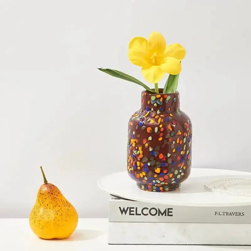 Colorful speckled glass vase hydroponic planter by Decorbites with yellow flower on Tampa Home & Garden Store