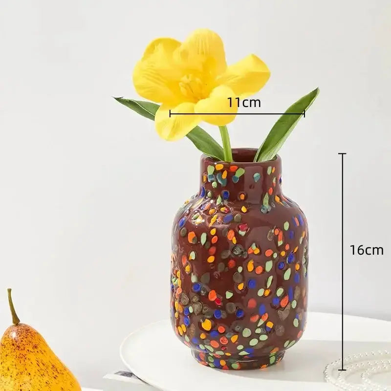 Decorbites colorful speckled glass vase with yellow flower, brown glaze, 16cm tall on Tampa Home & Garden Store