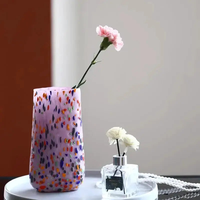 Decorbites lavender speckled glass vase hydroponic planter with pink carnation on elegant tray on Tampa Home & Garden Store