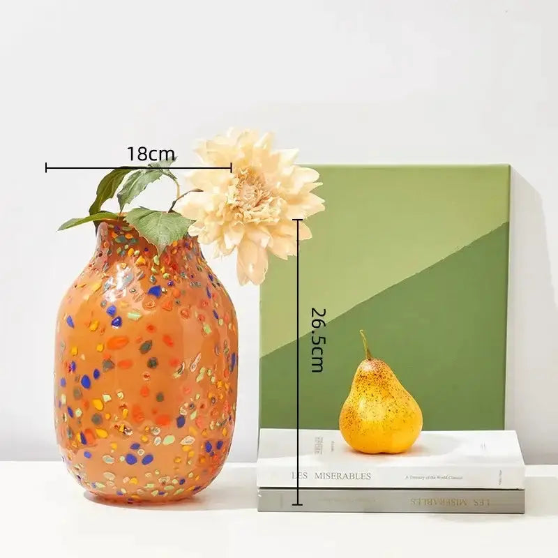 Speckled glass vase hydroponic planter in orange with multicolor flecks for living room decor on Tampa Home & Garden Store