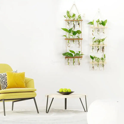 Glass Wall Hanging Planters with Wooden Holder
