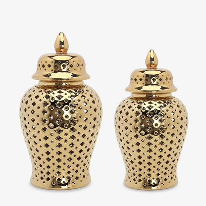 Gold ceramic temple jar pair by Decorbites, dotted texture vases for decor on Tampa Home & Garden Store