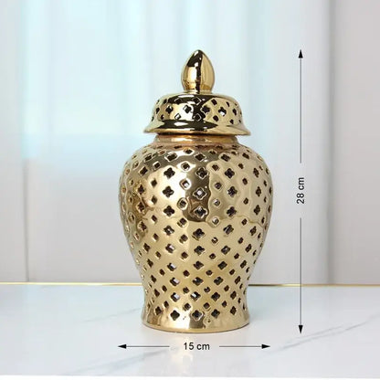 Gold Ceramic Temple Jar by Decorbites, vase with lattice cutouts, 28 cm tall on Tampa Home & Garden Store