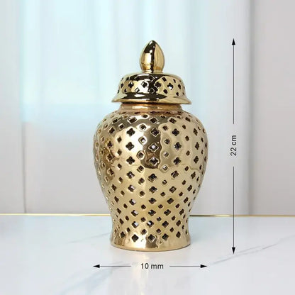 Gold ceramic temple jar vase by Decorbites with perforated lattice pattern, 22 cm tall on Tampa Home & Garden Store