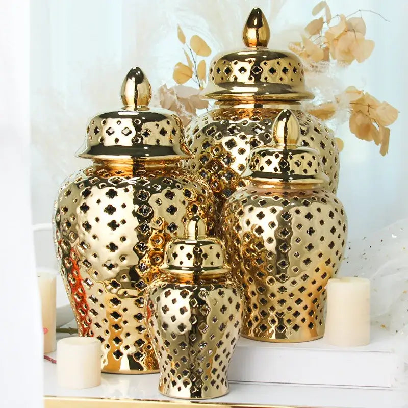 Gold ceramic temple jar vases by Decorbites, set of 4 with dotted pattern on Tampa Home & Garden Store