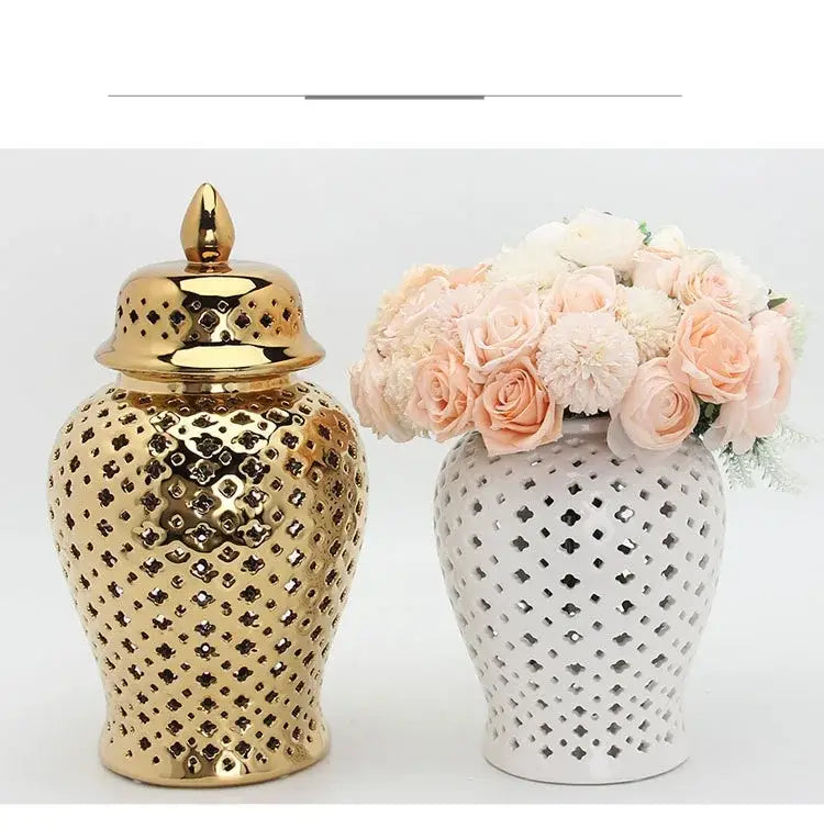 Gold Ceramic Temple Jar and white dotted vase with pink roses by Decorbites, two vases on Tampa Home & Garden Store