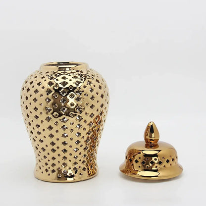 Gold ceramic temple jar vase with lid by Decorbites, hammered dotted pattern on Tampa Home & Garden Store