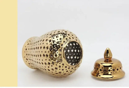 Gold ceramic temple jar vase two-piece set by Decorbites with textured dotted surface and lid on Tampa Home & Garden Store