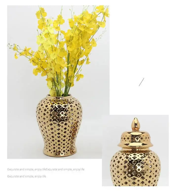 Gold ceramic temple jar vase by Decorbites with lid and dotted texture, yellow flowers on Tampa Home & Garden Store