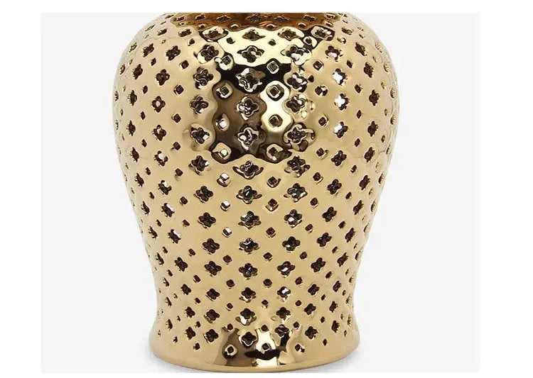 Gold ceramic temple jar vase by Decorbites, metallic dotted glaze on Tampa Home & Garden Store