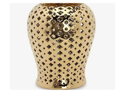 Gold ceramic temple jar vase by Decorbites, metallic dotted glaze on Tampa Home & Garden Store