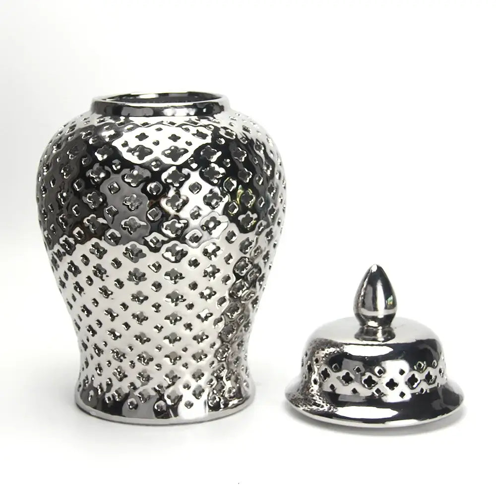 Gold ceramic temple jar vase with textured dotted metallic finish by Decorbites on Tampa Home & Garden Store