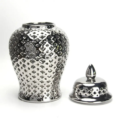 Gold ceramic temple jar vase with textured dotted metallic finish by Decorbites on Tampa Home & Garden Store