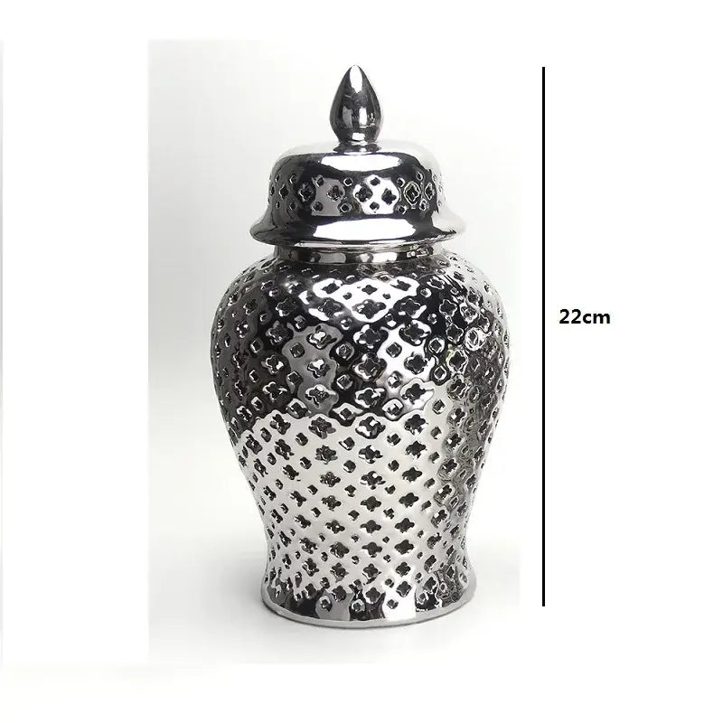 Gold ceramic temple jar vase by Decorbites with hammered dotted metallic glaze, 22cm tall on Tampa Home & Garden Store