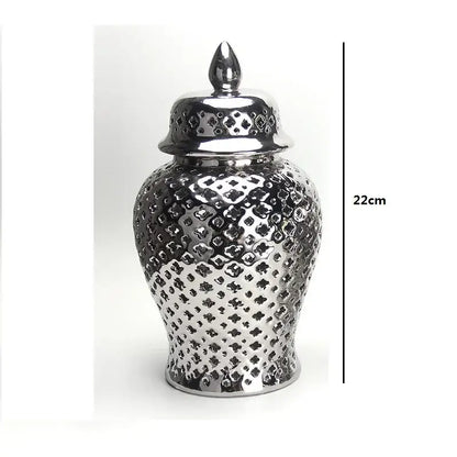 Gold ceramic temple jar vase by Decorbites with hammered dotted metallic glaze, 22cm tall on Tampa Home & Garden Store