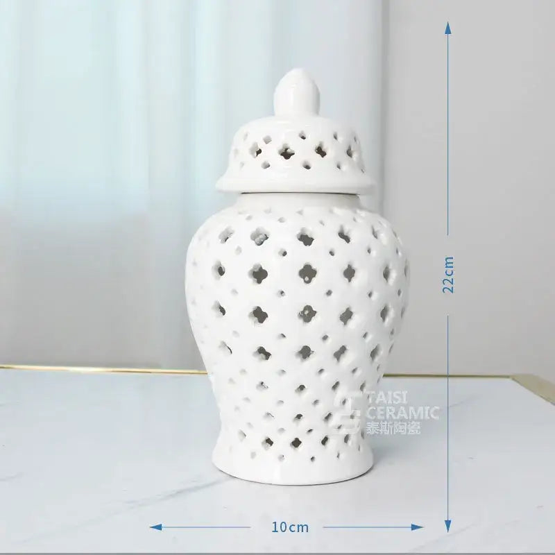 Gold ceramic temple jar vase by Decorbites, perforated lattice with lid ceramic decor on Tampa Home & Garden Store