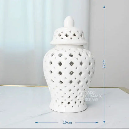 Gold ceramic temple jar vase by Decorbites, perforated lattice with lid ceramic decor on Tampa Home & Garden Store