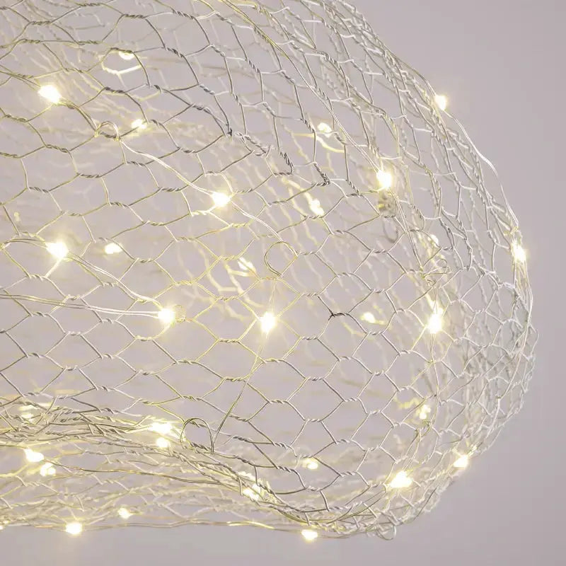 Modern gold mesh cloud pendant chandelier by Decorbites with warm LED lights on Tampa Home & Garden Store