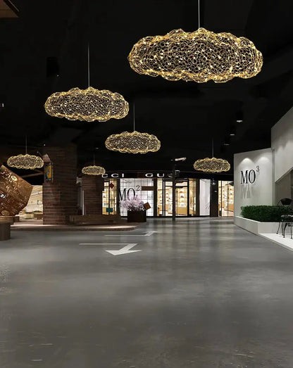 Modern gold mesh cloud pendant chandelier by Decorbites, LED pendants for dining room lighting on Tampa Home & Garden Store