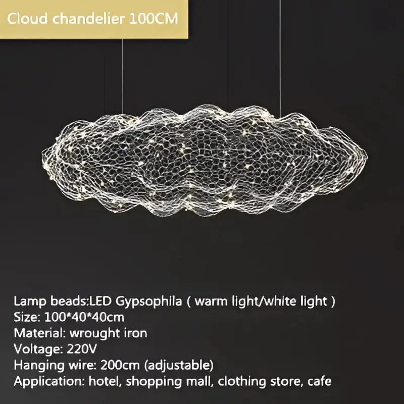 Cloud pendant chandelier by Decorbites in gold mesh with warm LED beads, 100 cm, wrought iron on Tampa Home & Garden Store