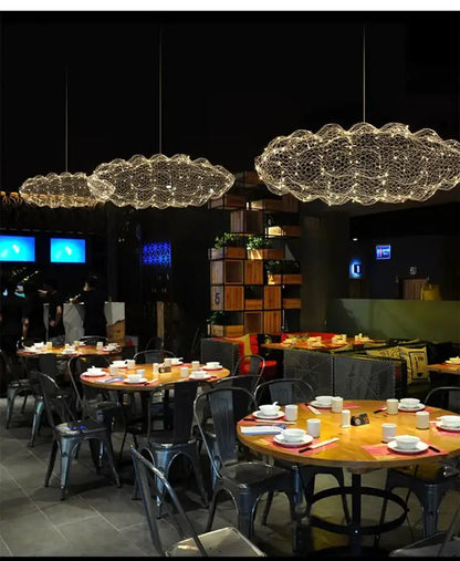 Chandelier Decorbites modern gold mesh cloud pendant lights, 2 fixtures over dining area on Tampa Home & Garden Store
