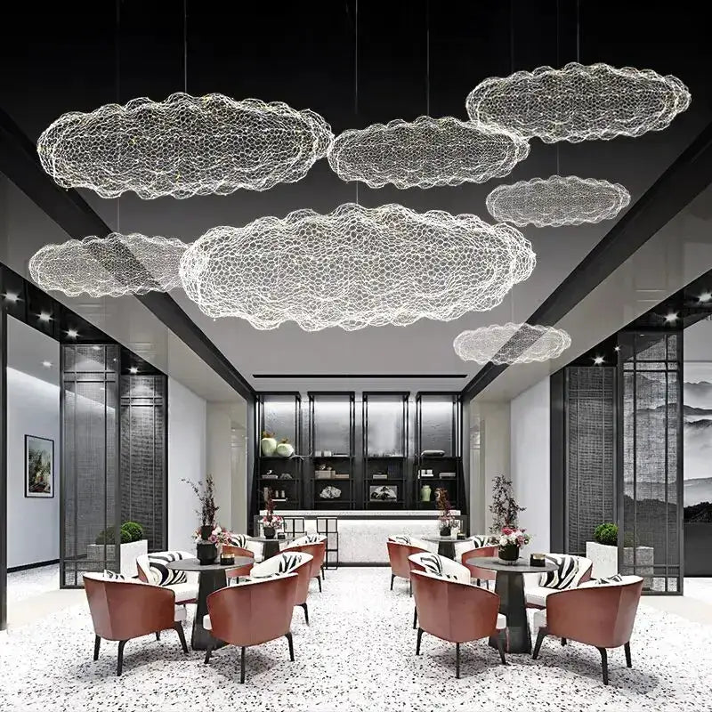 Cloud pendant chandelier five-light gold mesh by Decorbites in dining room on Tampa Home & Garden Store