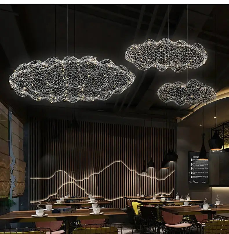 Modern gold mesh cloud pendant chandelier by Decorbites with three illuminated cloud shapes on Tampa Home & Garden Store