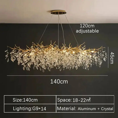Chandelier gold crystal LED branch chandelier, Decorbites; 140cm, 45cm high, 120cm adjustable on Tampa Home & Garden Store