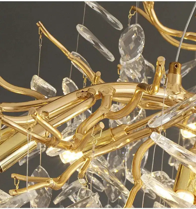 Modern gold crystal LED branch chandelier with crystal prisms by Decorbites for dining room on Tampa Home & Garden Store