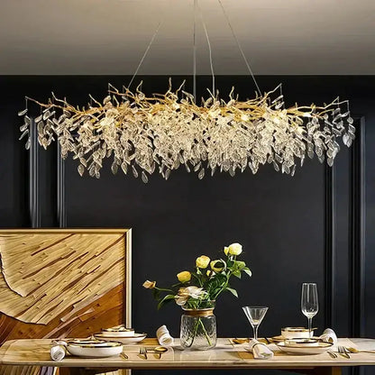 Modern gold crystal LED branch chandelier by Decorbites with crystal leaf accents on Tampa Home & Garden Store