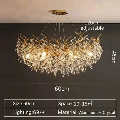 Modern gold crystal LED branch chandelier by Decorbites with 8 G9 bulbs, aluminum frame on Tampa Home & Garden Store