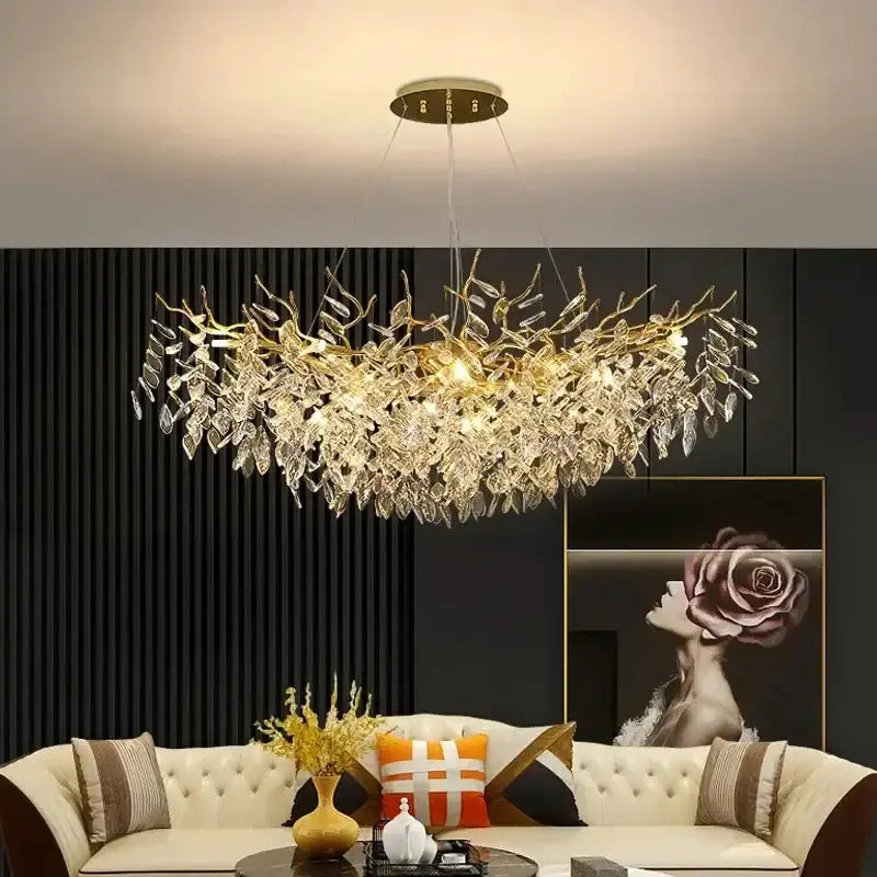 Modern gold crystal LED branch chandelier for dining room with glittering crystal leaves on Tampa Home & Garden Store
