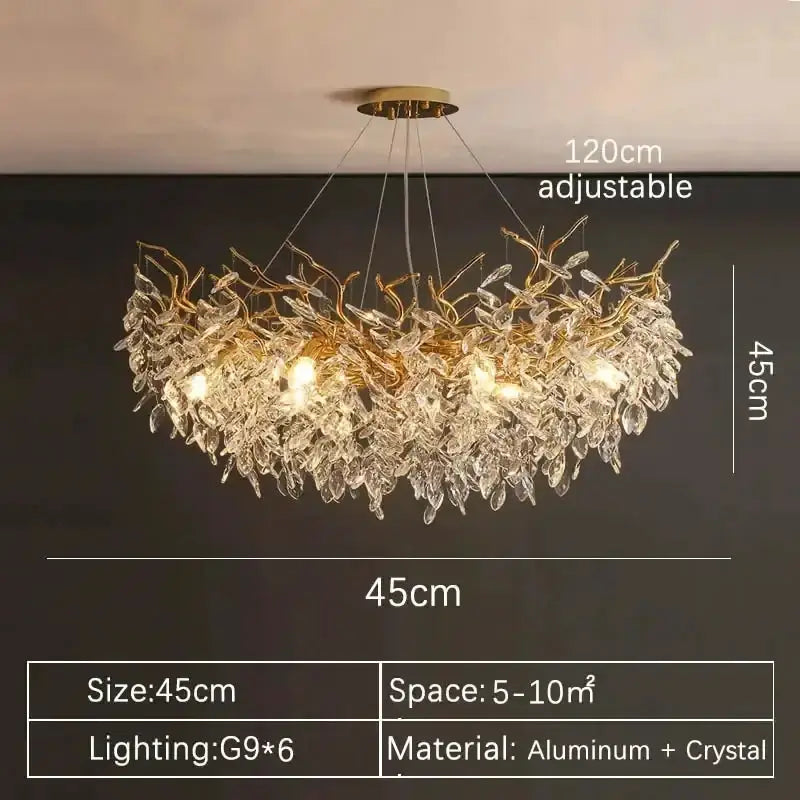 Modern gold crystal chandelier by Decorbites with 6 G9 bulbs, aluminum + crystal on Tampa Home & Garden Store