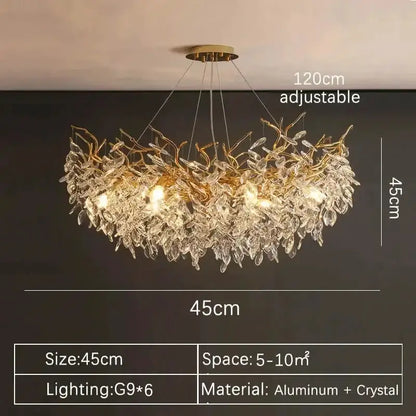 Modern gold crystal chandelier by Decorbites with 6 G9 bulbs, aluminum + crystal on Tampa Home & Garden Store