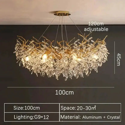 Chandelier: Gold crystal LED branch, 12 G9 bulbs, 100cm wide, 120cm adjustable Decorbites on Tampa Home & Garden Store