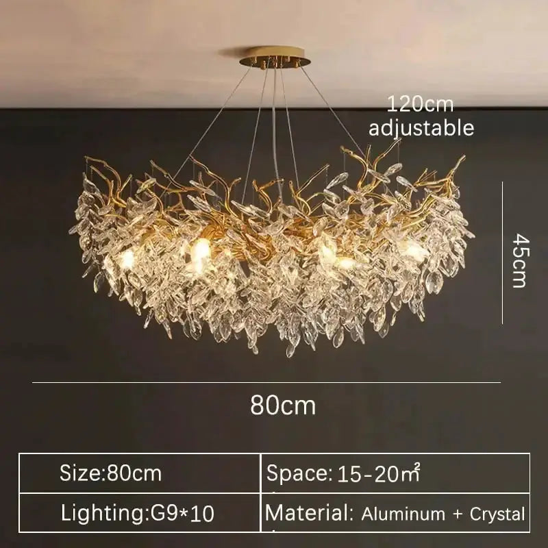 Modern gold crystal LED branch chandelier dining room aluminum + crystal, 80cm wide on Tampa Home & Garden Store