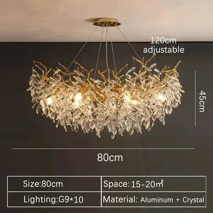 Modern gold crystal LED branch chandelier dining room aluminum + crystal, 80cm wide on Tampa Home & Garden Store