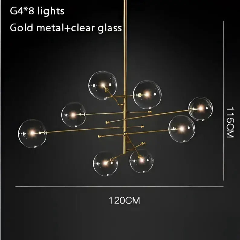 Modern gold glass bubble starburst chandelier by Decorbites, 8 clear globes, 120 cm wide on Tampa Home & Garden Store