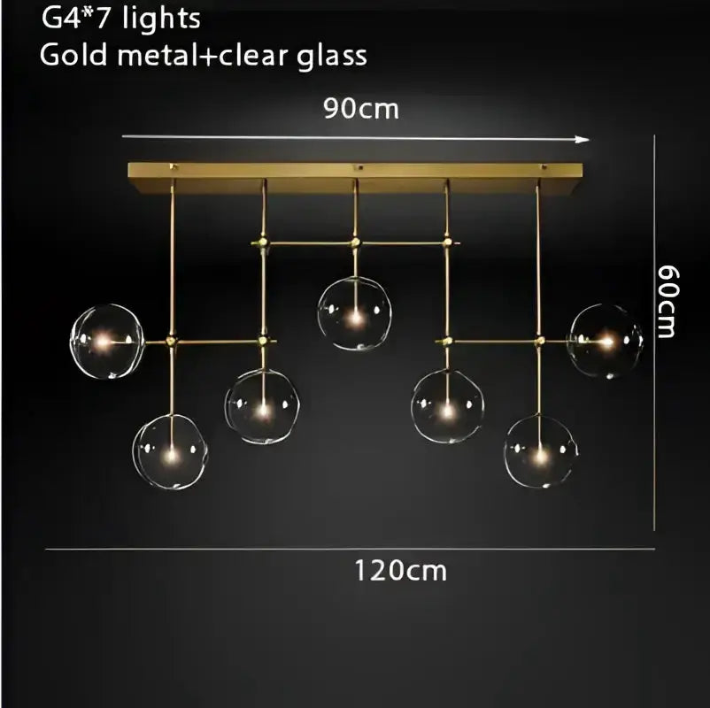 Chandelier modern gold metal with glass bubble globes, seven lights, starburst dining room light on Tampa Home & Garden Store