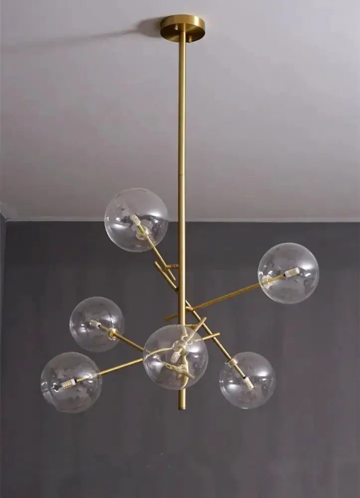 Chandelier: Modern gold glass bubble starburst sputnik chandelier for dining room by Decorbites, gold stem with clear glass globe bulbs on Tampa Home & Garden Store