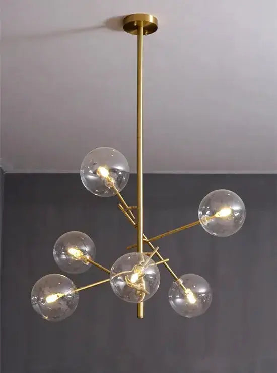 Chandelier Decorbites modern gold glass bubble starburst with six clear globes on brass arms on Tampa Home & Garden Store