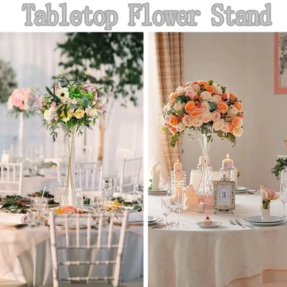Gold trumpet vase stand by Decorbites, centerpiece with pastel flowers on a white table on Tampa Home & Garden Store