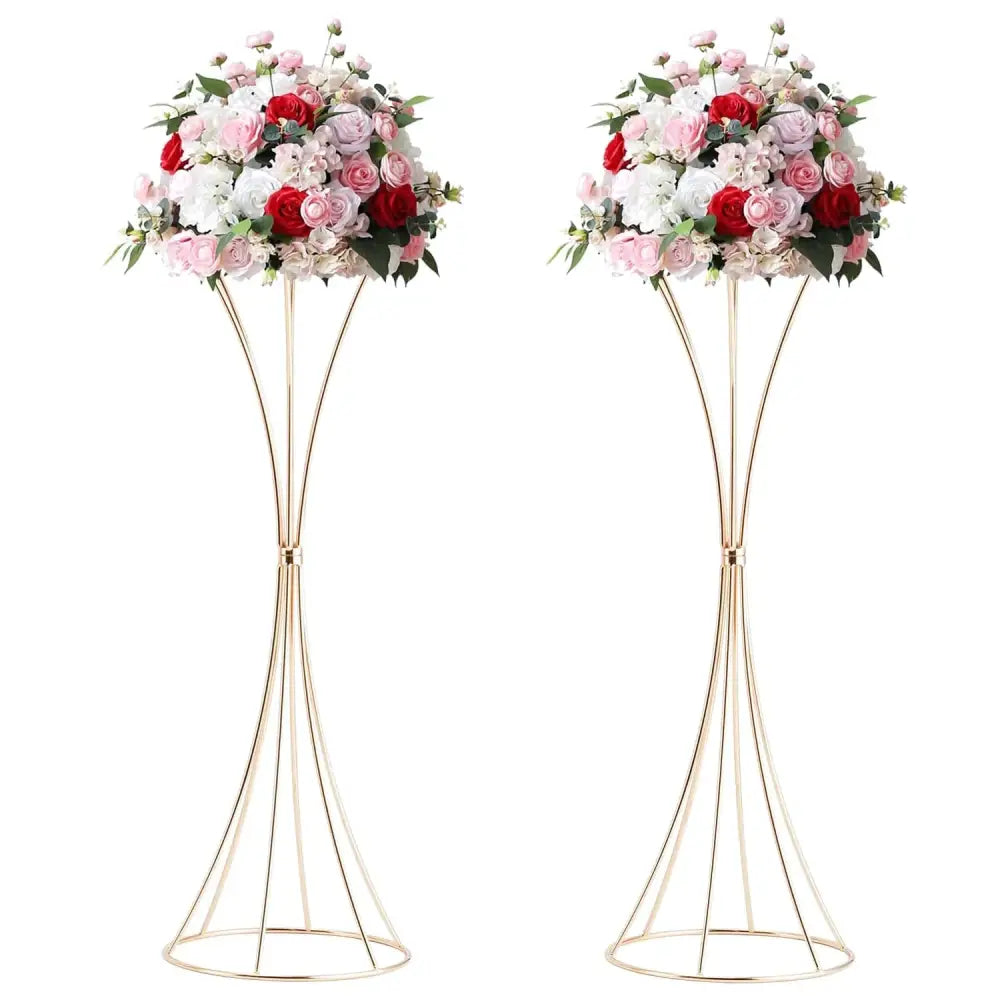 Gold Trumpet Vase Stand pair, gold-tone metal with pink and red rose arrangements, Decorbites on Tampa Home & Garden Store