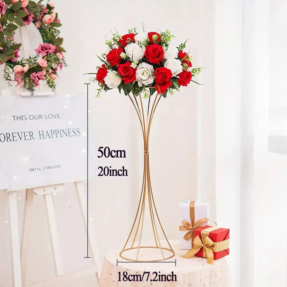 Decorbites gold trumpet vase stand with red and white rose bouquet, 50cm tall on Tampa Home & Garden Store