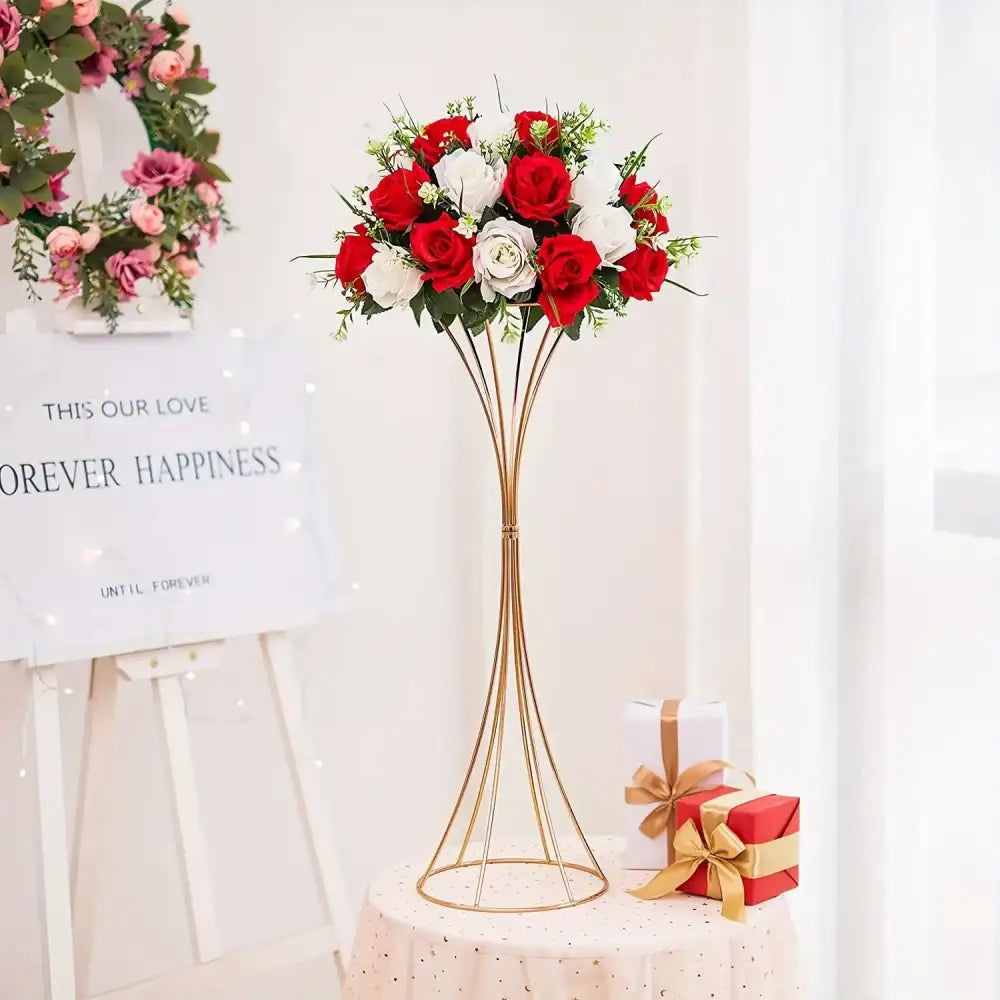 Gold trumpet vase stand with red and white rose bouquet on Tampa Home & Garden Store