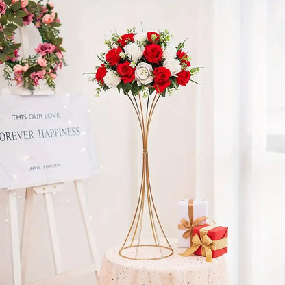 Gold trumpet vase stand with red and white rose bouquet on Tampa Home & Garden Store