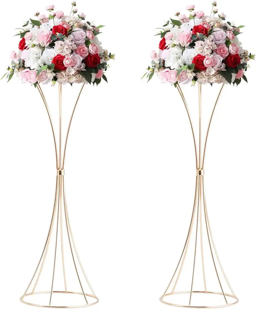 Pair of gold trumpet vase stands by Decorbites with pink, red, white rose arrangements on Tampa Home & Garden Store