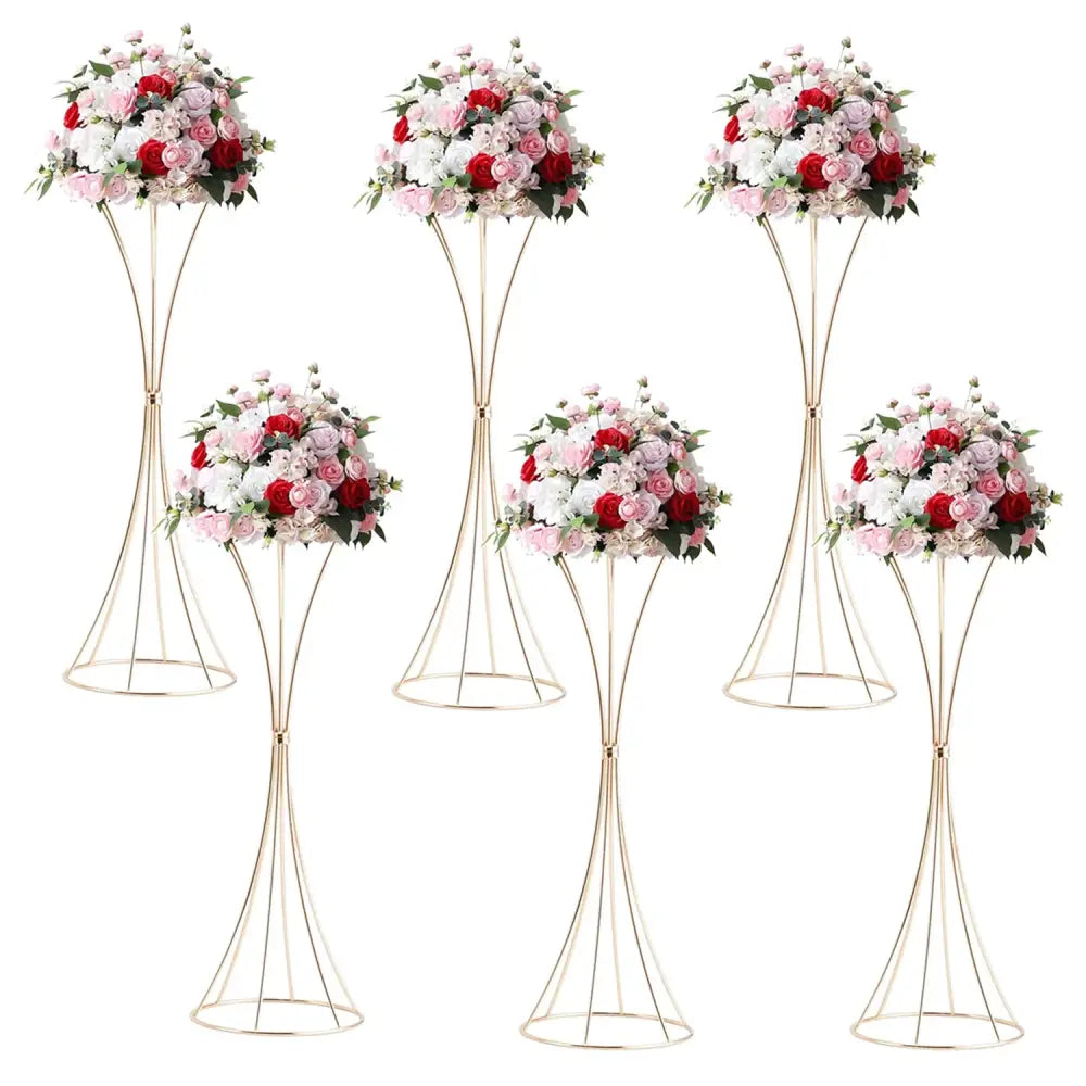 Six gold trumpet vase stands by Decorbites with pink, red, and white rose bouquets on Tampa Home & Garden Store